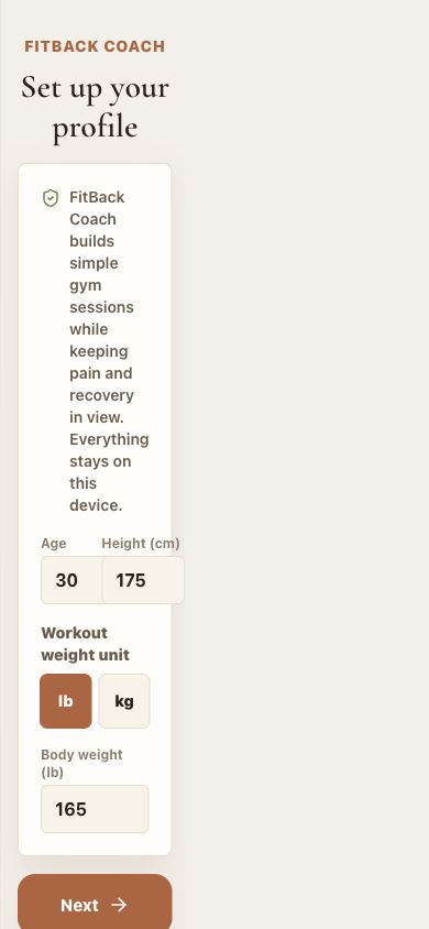 FitBack Coach profile setup interface